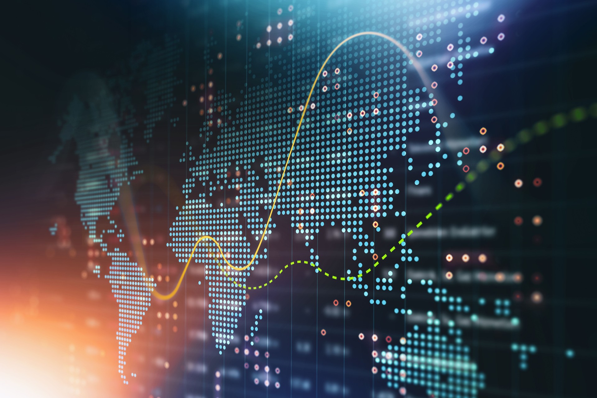 Digitally Generated Crypto Currency and Exchange Stock Chart for Finance and Economy Based Computer Software and Coding Display with Dotted World Map